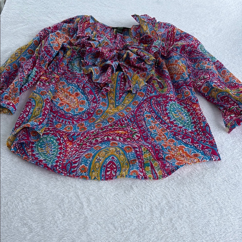 Purple and Pink Ruffled Puff Sleeve Blouse